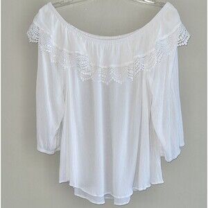St John Bay Boho White Gauze Top Plus Size 2X Crochet Off The Shoulder Ruffles